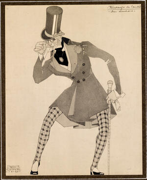 Figurín para "Don Lindoro", de "El fandango del candil", representando un caballero ajustándose unas lentes y llevando bastón