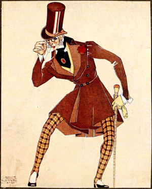 Figurín para "Don Lindoro", de "El fandango del candil", representando un caballero ajustándose unas lentes y llevando bastón