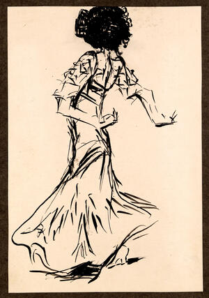 Boceto bailando de espaldas y con brazos curvados atrás a la altura de las caderas