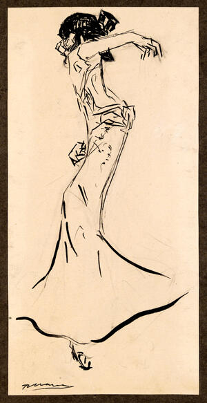 Boceto de perfil con un brazo alzado y cruzado cubriendo el rostro y el otro por detrás de la cintura