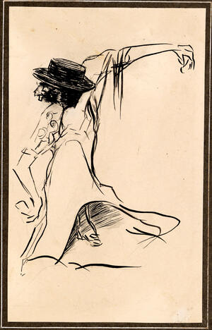 Boceto agachada con una rodilla adelantada, el rostro al hombro y un brazo en cruz