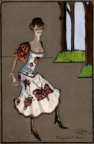Caricatura con vestido estampado con flores y mariposas en tonos rojizos, y sonriendo