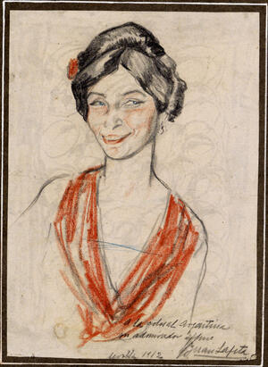 Retrato con con los ojos entornados y sonriendo levemente, mantoncillo sobre los hombros y flor en el pelo en rojo