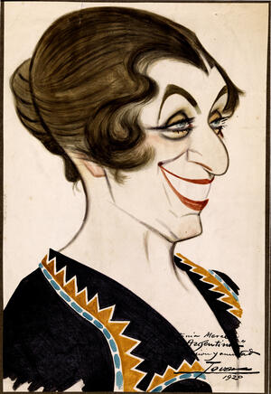 Caricatura de perfil, sonriente y con los ojos entornados, con el cabello recogido en un moño
