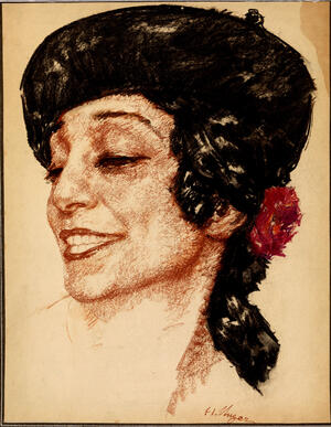 Dibujo en pastel, para "Bolero clásico", el rostro sonriente de lado con los ojos cerrados y las cejas alzadas